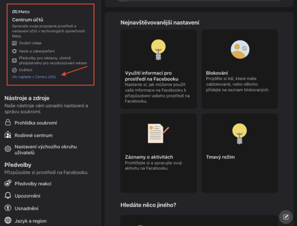 Centrum účtů Meta