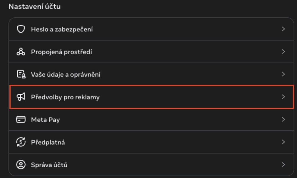Předvolby pro reklamy Meta