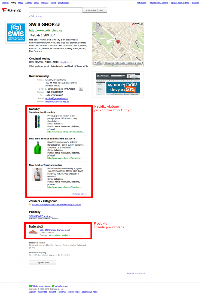 Ukázka nabídek z administrace a zboží z XML feedu pro Zboží.cz v profilu firmy.