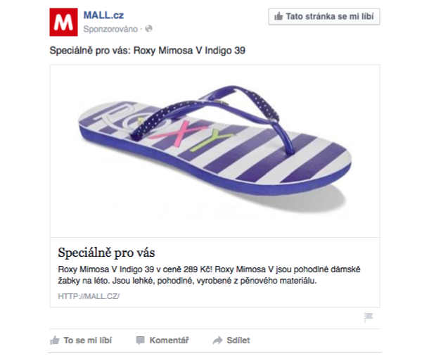 Ukázka dynamického remarketingu na Facebooku v news feedu