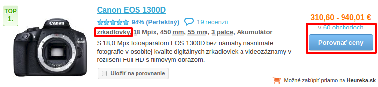 Takto vyzerá zobrazenie produktu v katalógu Heureky